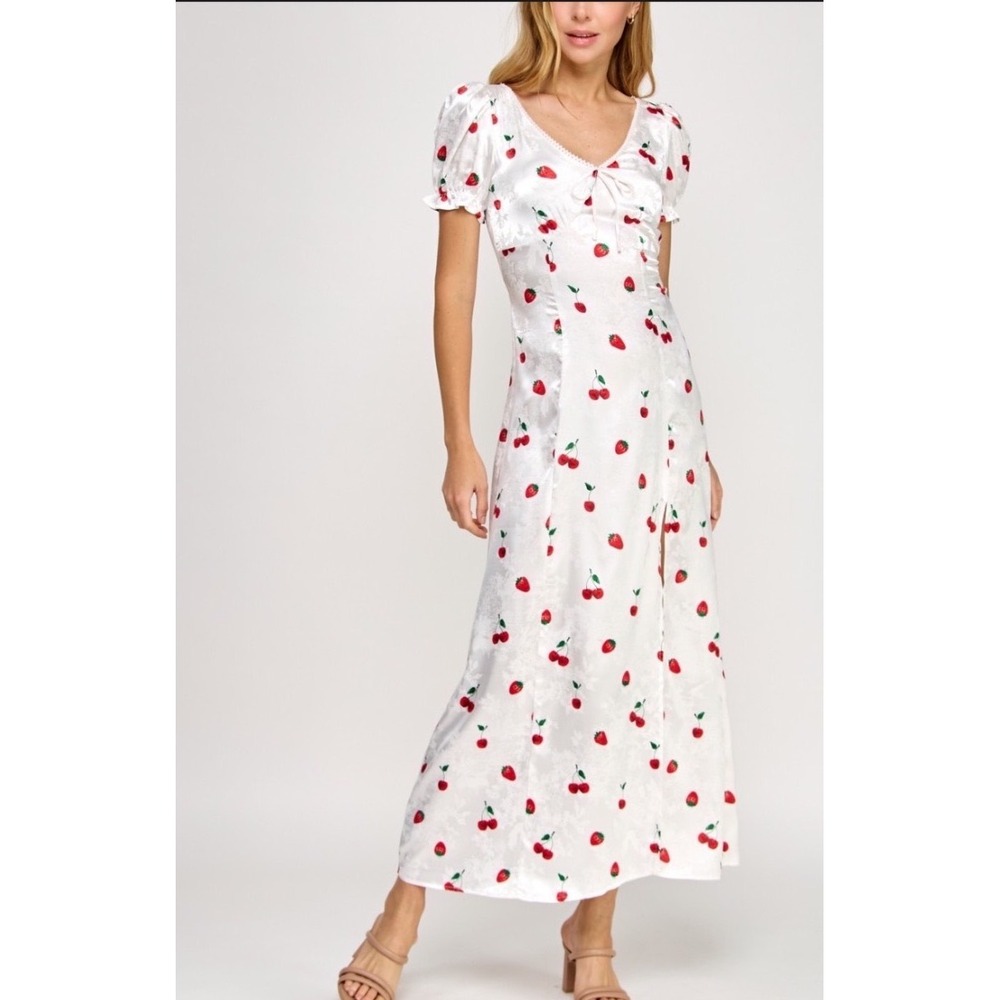 Crystal Doll Maxi Dress Women XL New Cherry Strawberry Jacquard Satin Slit